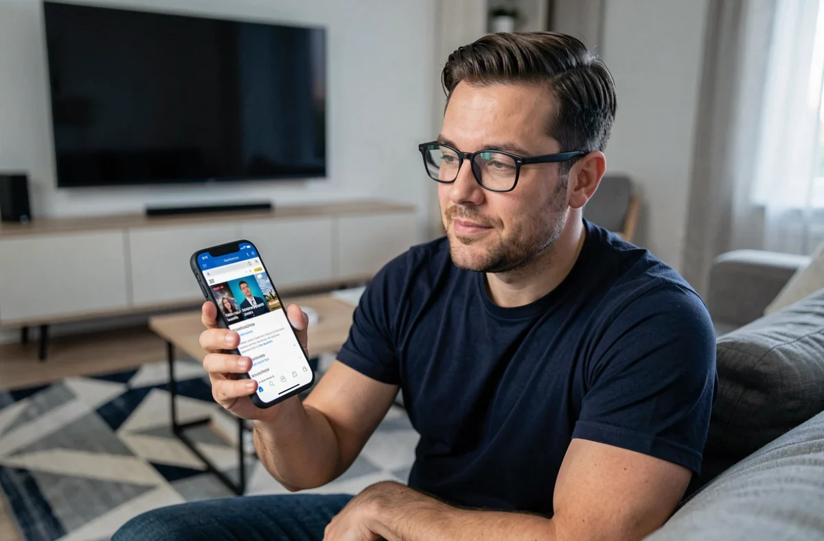 Homme consultant la nouvelle adresse d'un site de streaming sur son smartphone dans un salon moderne