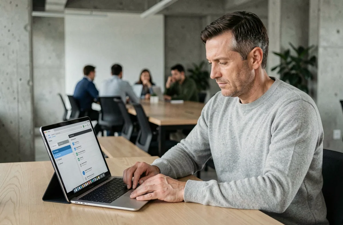 Homme en open space consultant une checklist de configuration de productivité sur tablette et ordinateur portable