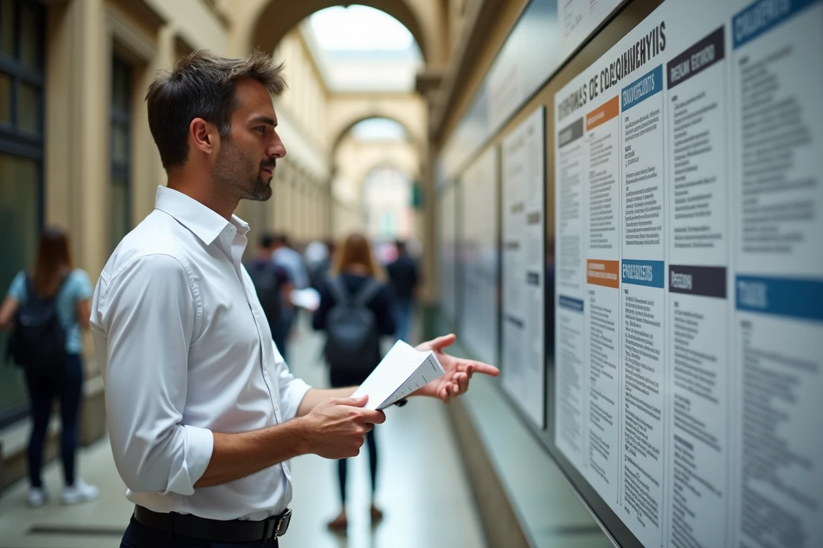 Homme consultant un tableau d'équivalences de titres professionnels et licences dans un couloir universitaire français