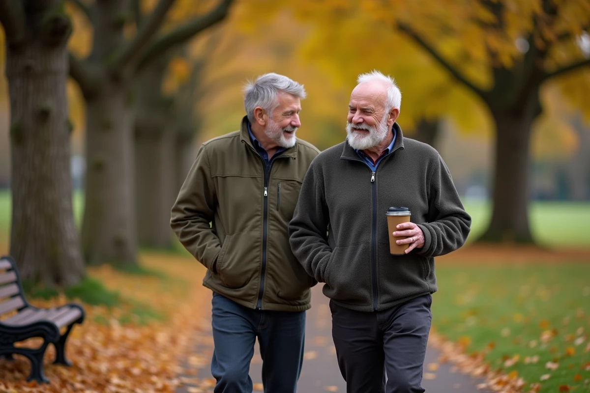 Deux hommes retraités se promenant dans un parc en automne, partageant un moment convivial en plein air
