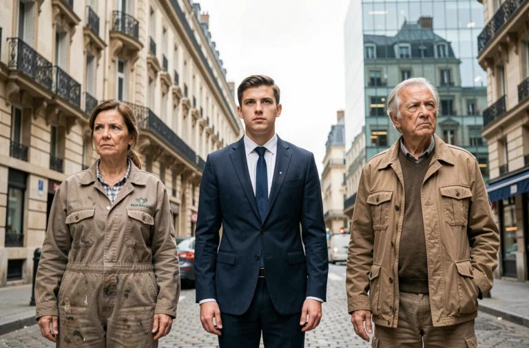Trois personnes de milieux sociaux différents dans une rue parisienne illustrant les inégalités sociales en France