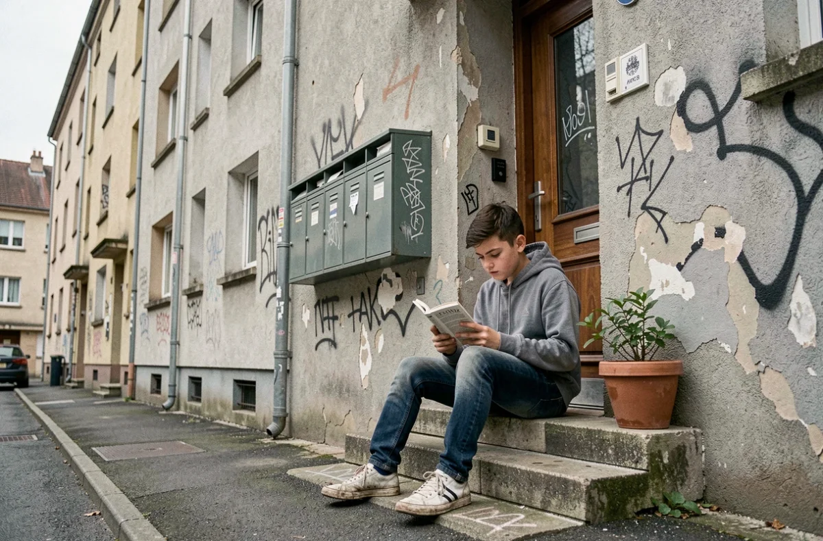 Adolescent lisant devant un immeuble de banlieue française illustrant les inégalités territoriales et éducatives en France