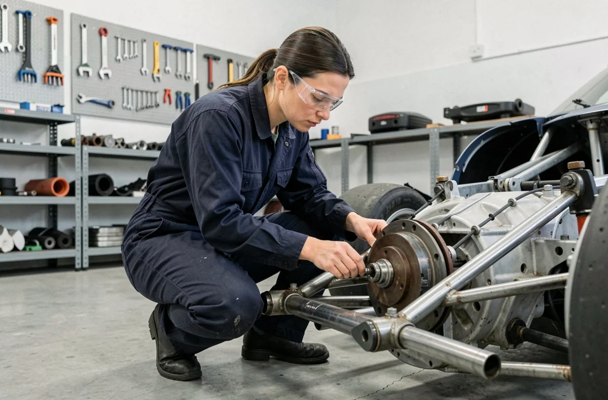 Ingénieure automobile en combinaison technique inspectant la suspension d'une voiture de course dans un atelier de préparation mécanique spécialisé