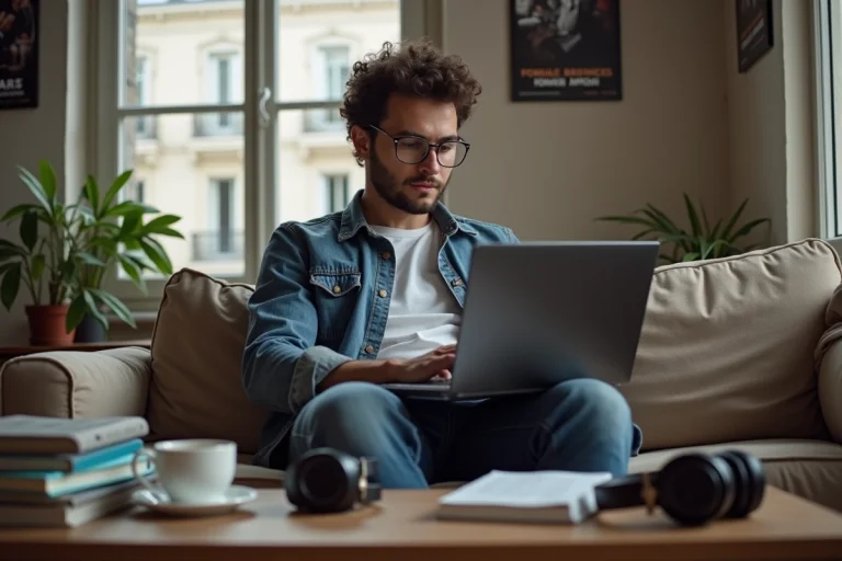 Jeune homme détendu travaillant sur son ordinateur à Paris