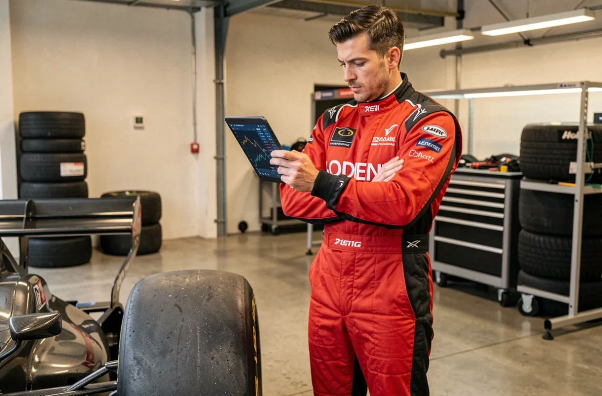 Pilote de course en combinaison rouge analysant des données télémétriques à côté d'une voiture de course dans un garage professionnel de l'écurie Mikado Racing