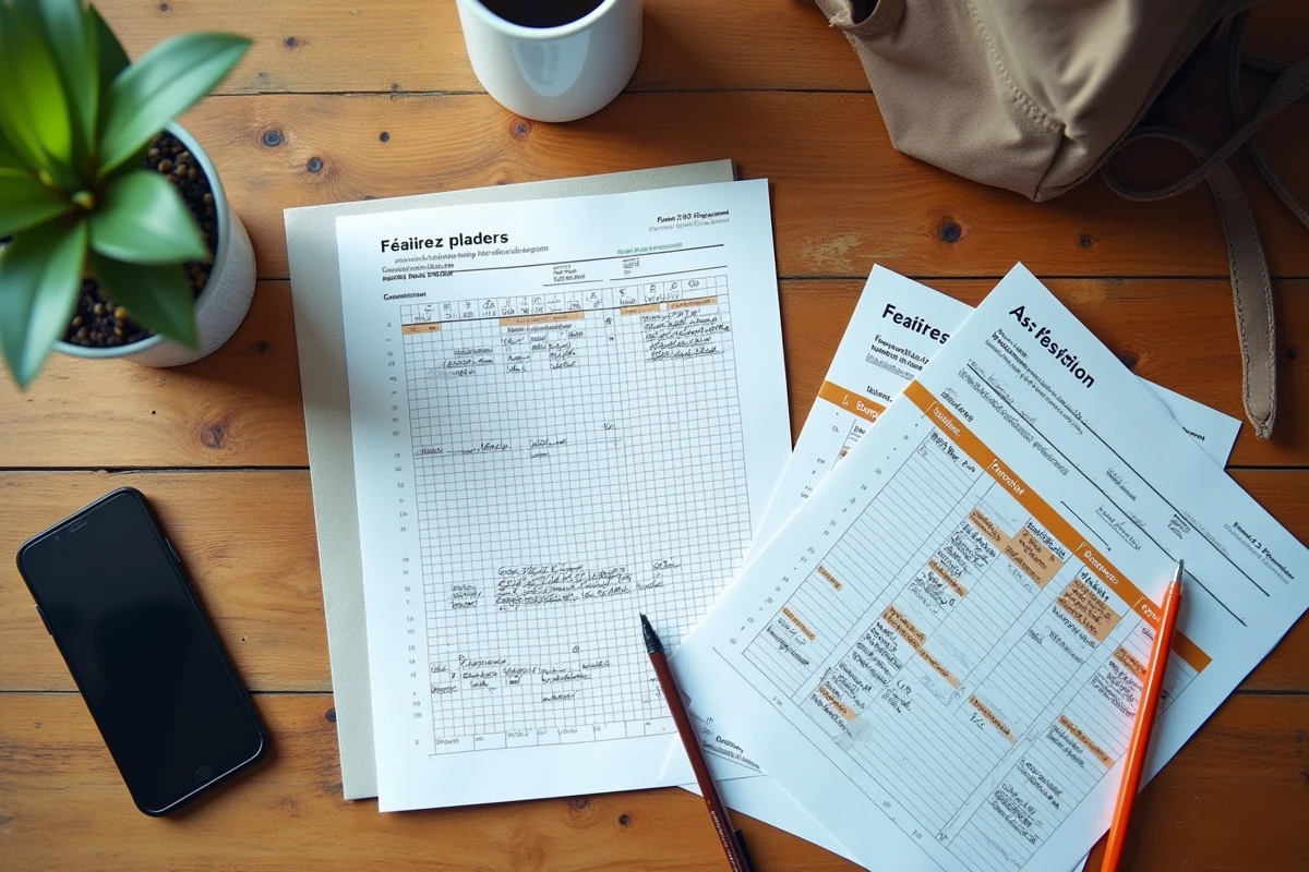 Matériel de planification d'événement pour comité des fêtes avec budget, programme et flyers sur un bureau en bois