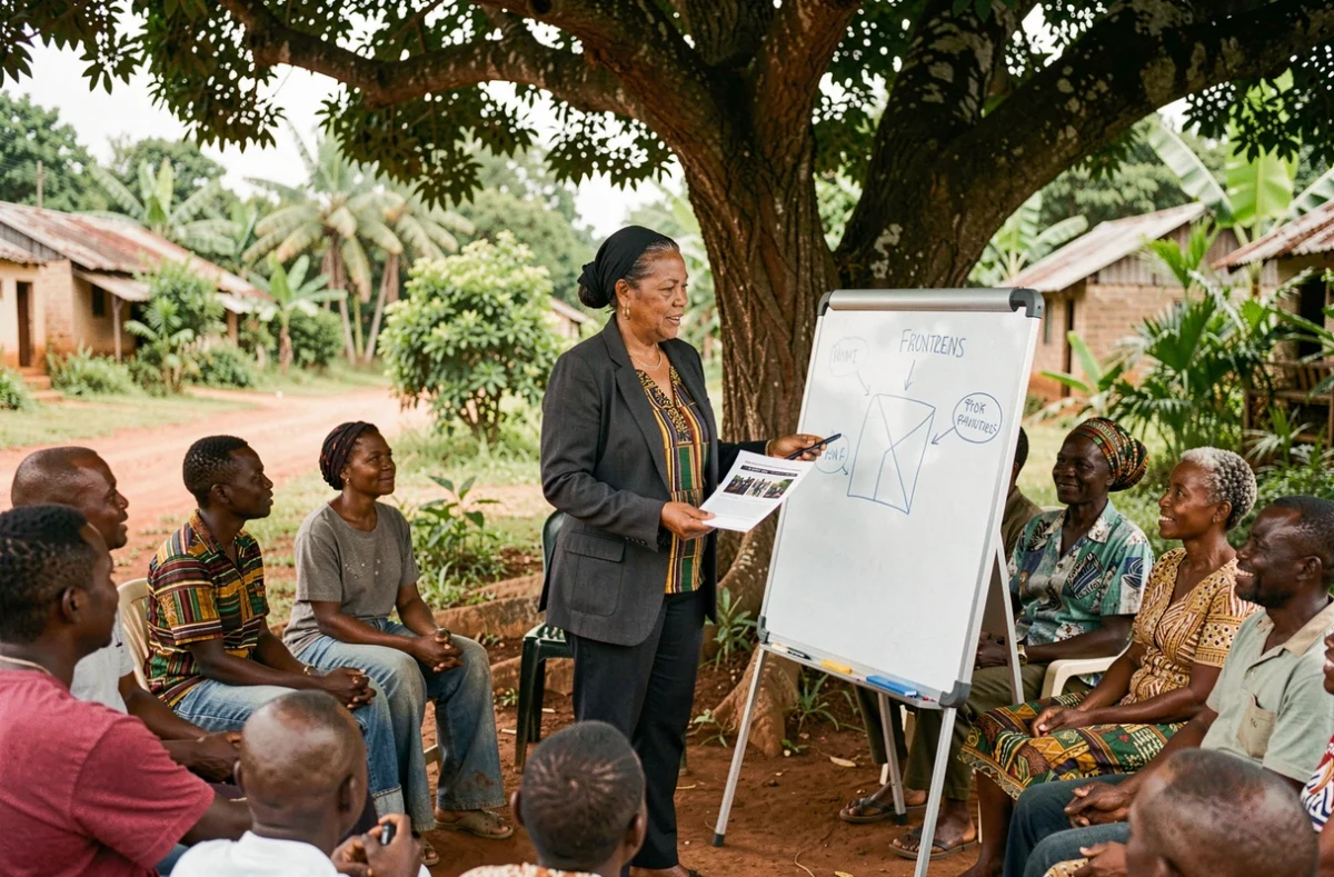 Cheffe de projet présentant un plan de développement à des membres d'une communauté rurale au Cameroun