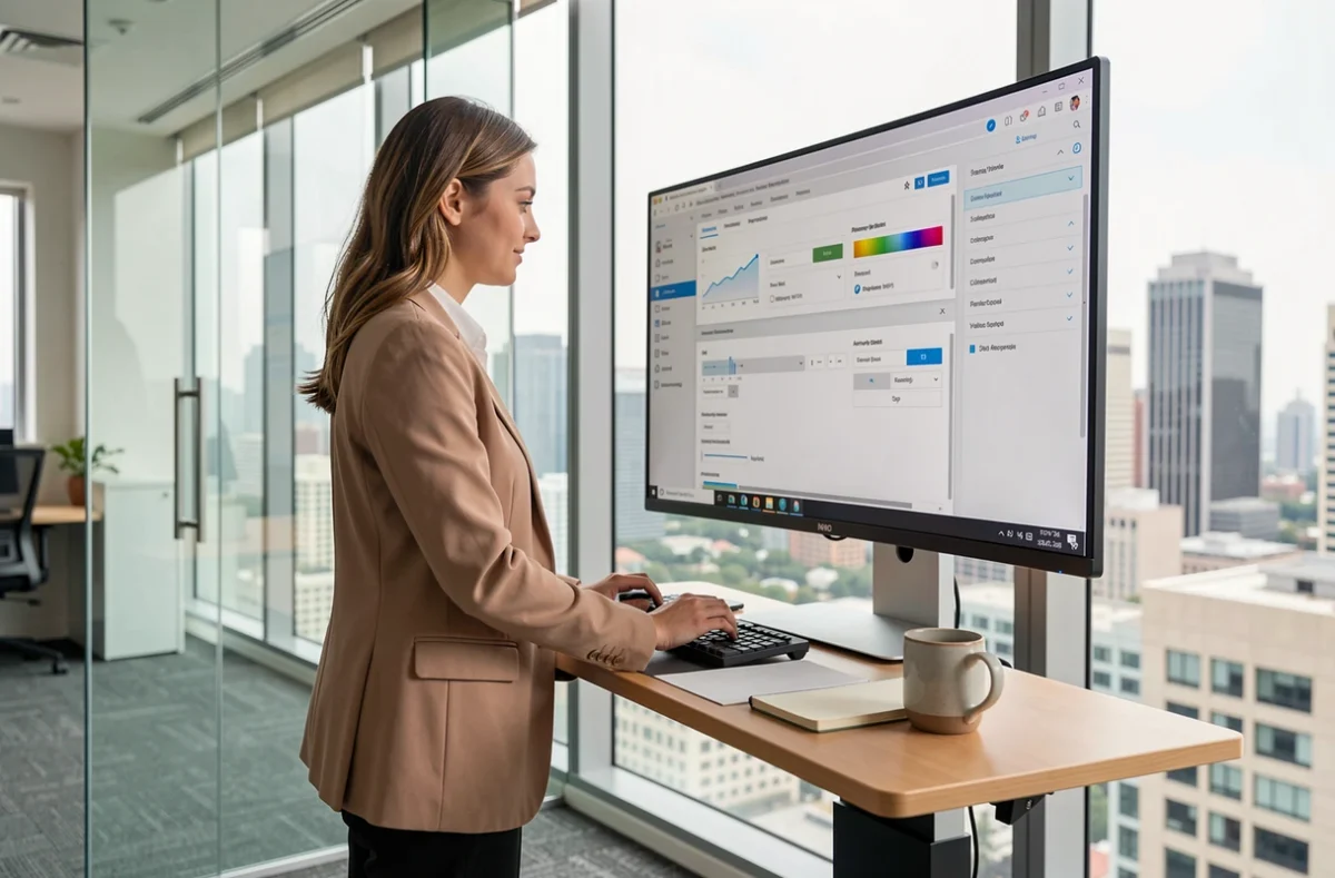 Jeune professionnelle paramétrant une application de productivité sur grand écran ultrawide dans un bureau moderne avec vue urbaine