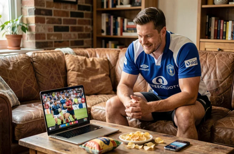 Homme regardant le rugby Fédérale 3 en direct sur un ordinateur portable dans un salon