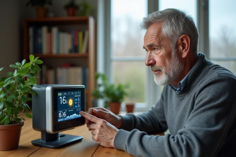 Homme réinitialisant une station météo La Crosse Technology sur un bureau en bois dans un bureau à domicile