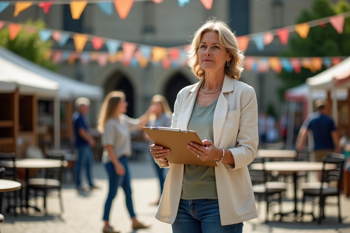 Responsable d'association supervisant la mise en place d'une fête locale dans une place de village