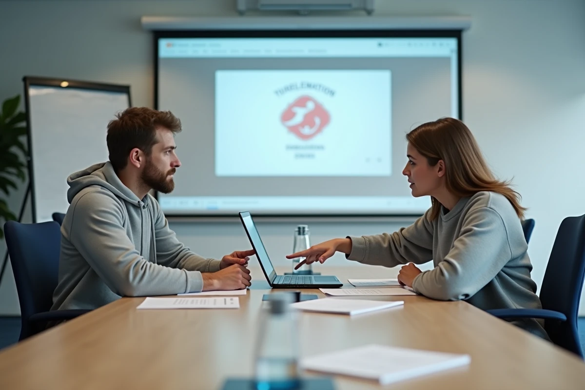 Deux responsables de club de judo étudiant les documents de l'extranet fédéral lors d'une réunion