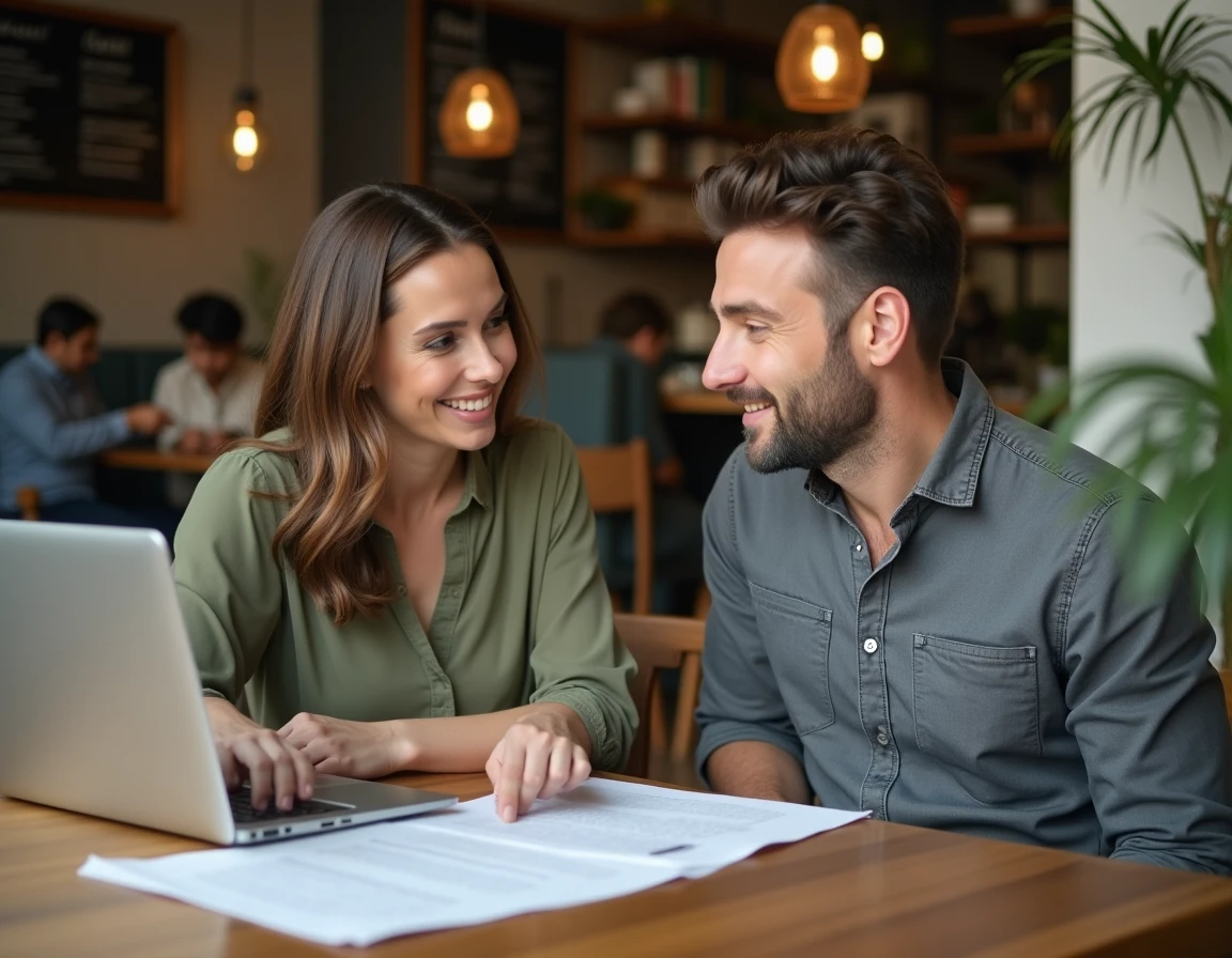 Deux entrepreneurs en réunion dans un café discutant d'un plan d'affaires pour développer leur activité en ligne