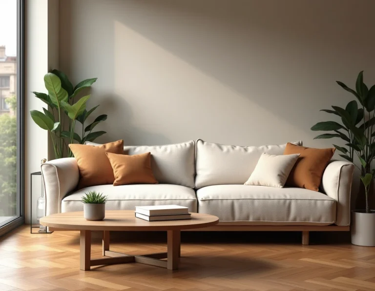 Salon moderne décoré avec style, canapé en lin beige, table basse en bois et plantes vertes dans un intérieur contemporain confortable