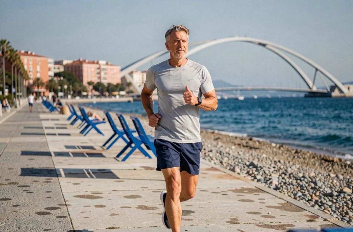 Homme qui fait du jogging sur la Promenade des Anglais à Nice pour prendre soin de sa santé