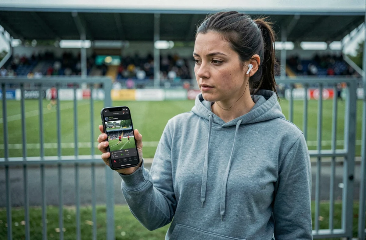 Femme consultant une application de streaming rugby Fédérale 3 sur smartphone devant un stade