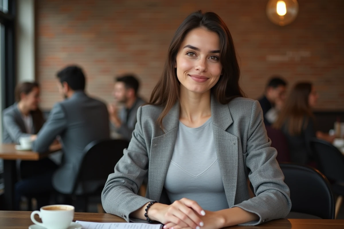 Femme portant le tee-shirt Percko sous un blazer dans un café, assise droite avec une bonne posture naturelle