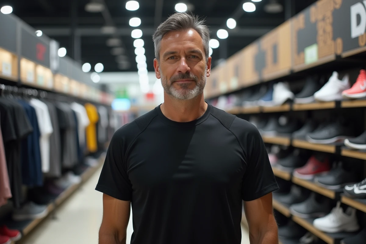 Homme essayant un tee-shirt Percko noir en magasin Decathlon, vue trois quarts avant montrant les détails techniques du tissu