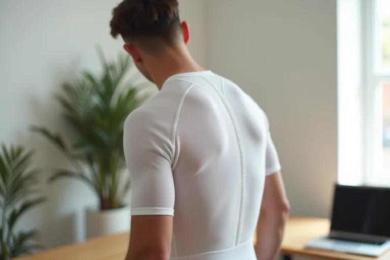 Homme portant un tee-shirt de posture Percko vu de dos dans un bureau moderne, montrant les bandes élastiques dorsales