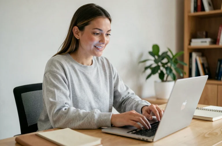 Femme consultant les dernières tendances du web sur un ordinateur portable dans un bureau moderne et épuré