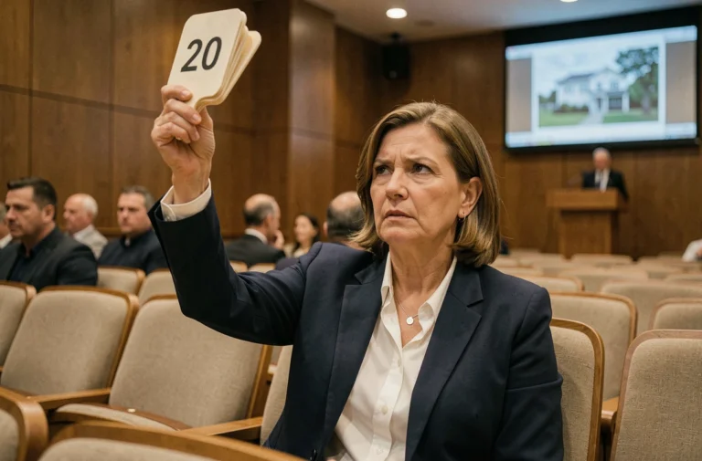 Femme en veste marine levant un panneau numéroté lors d'une vente aux enchères immobilière dans une salle officielle