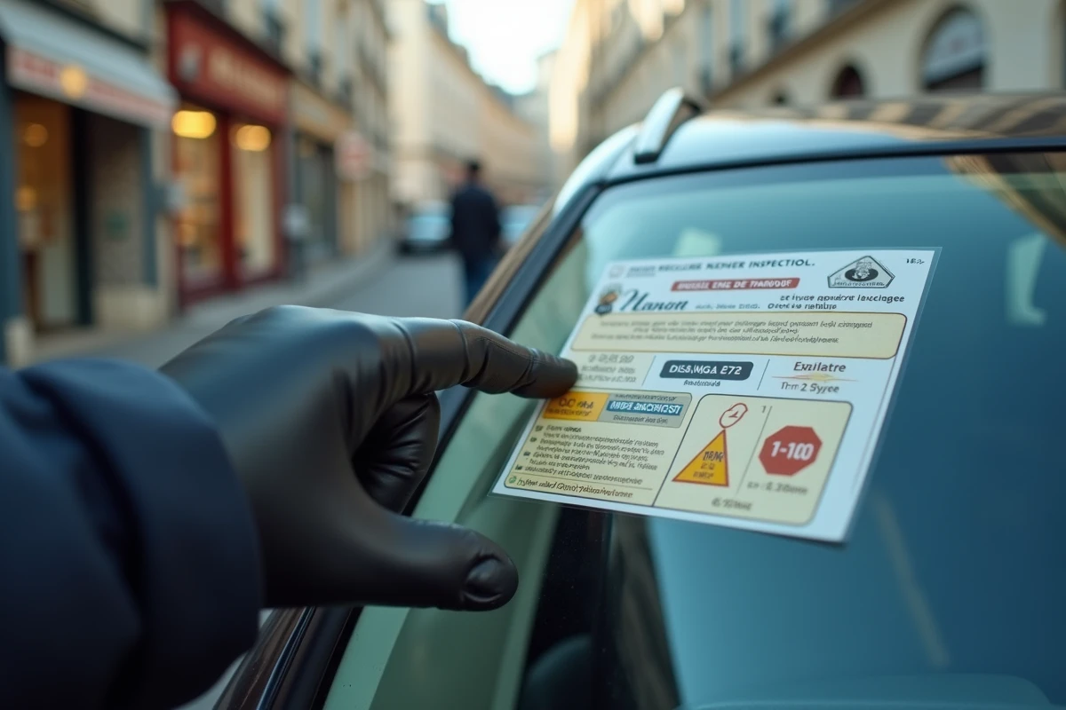 Gros plan sur la vignette de contrôle technique d'une voiture vérifiée par un policier