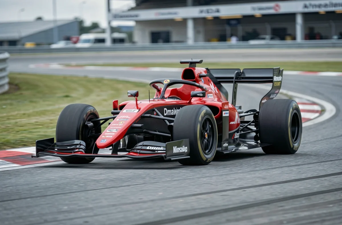 Voiture de course monoplace rouge et noire en pleine trajectoire sur un circuit automobile, capturant la dynamique et la puissance d'un bolide de compétition